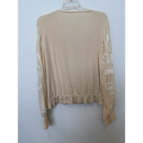 Anthropologie Embroidered Blouse White Tan Cream Large Button Up Sheer Long Slee - Picture 6 of 8